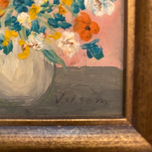 Vintage miniature framed flower painting -  signed by artist Vilsom - Picture 3 of 5
